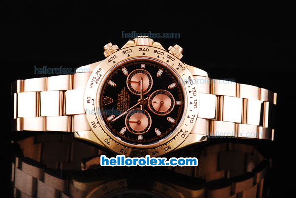 Rolex Daytona Oyster Perpetual Swiss Valjoux 7750 Chronograph Movement Full Rose Gold with Black Dial and Stick Markers - Click Image to Close